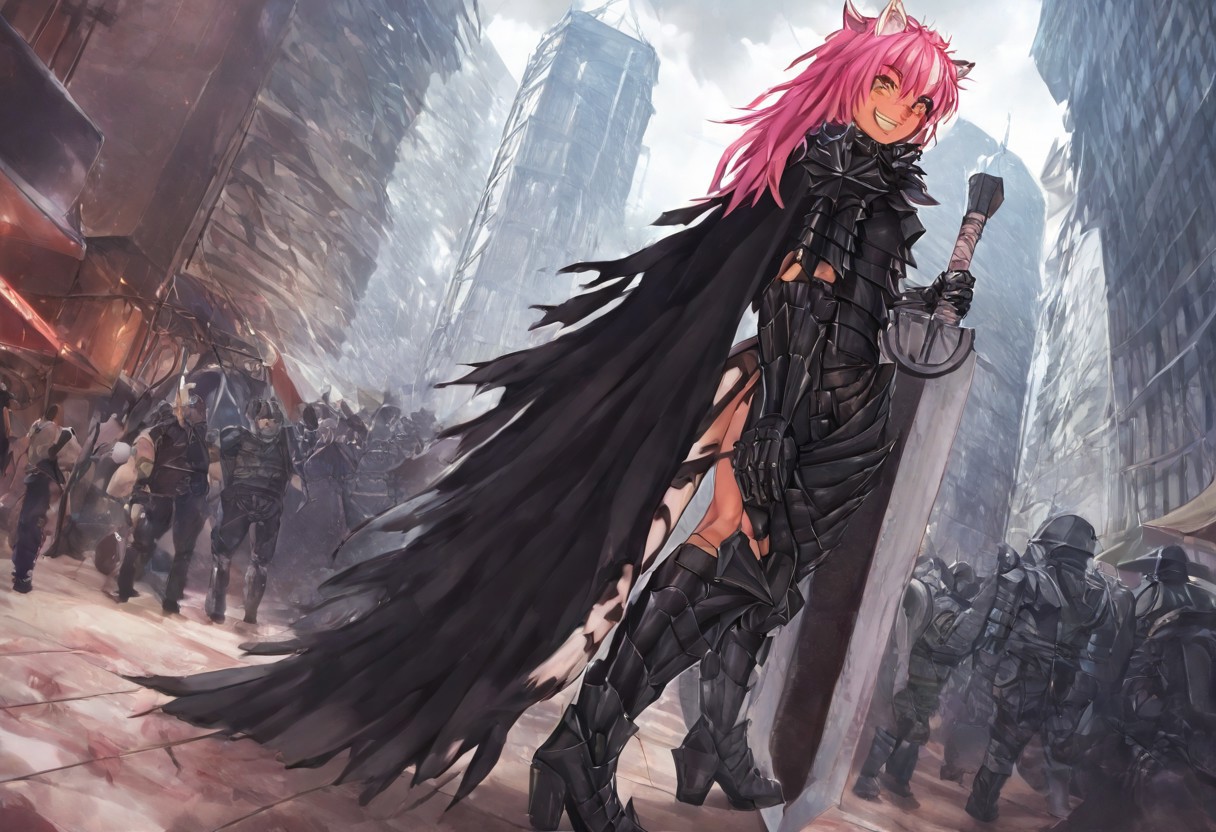 masterpiece, very aesthetic, anime screenshot, 1girl, Pink_PonyXL, DragonSlayerSword-Il.V1.0, black armor, shoulder armor, gauntlets, greaves, bandaged arm, black cape, torn cape, bright pink hair, cat ears, scar on nose, cat bell around neck, tanned, white tiger tail, small breasts, femine body, smiling, making a cute cat face, single fanged tooth showing, standing, looking at viewer, side view, wielding-dragonslayer, huge weapon, sword, holding sword, holding weapon, full body, zoomed in on pink_ponyxl, Dutch angle, cowboy shot 
Break
City square, bright and sunny, happy adoring crowd,