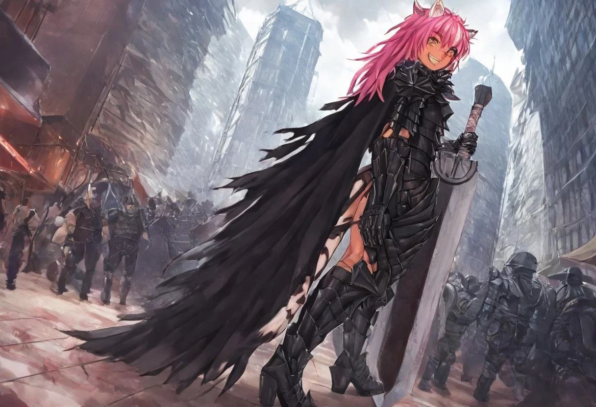 masterpiece, very aesthetic, anime screenshot, 1girl, Pink_PonyXL, DragonSlayerSword-Il.V1.0, black armor, shoulder armor, gauntlets, greaves, bandaged arm, black cape, torn cape, bright pink hair, cat ears, scar on nose, cat bell around neck, tanned, white tiger tail, small breasts, femine body, smiling, making a cute cat face, single fanged tooth showing, standing, looking at viewer, side view, wielding-dragonslayer, huge weapon, sword, holding sword, holding weapon, full body, zoomed in on pink_ponyxl, Dutch angle, cowboy shot
Break
City square, bright and sunny, happy adoring crowd,
