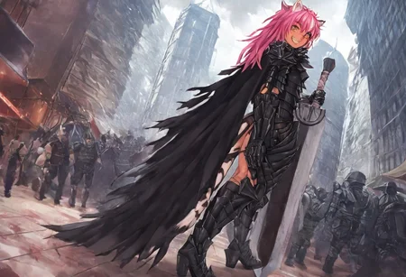 masterpiece, very aesthetic, anime screenshot, 1girl, Pink_PonyXL, DragonSlayerSword-Il.V1.0, black armor, shoulder armor, gauntlets, greaves, bandaged arm, black cape, torn cape, bright pink hair, cat ears, scar on nose, cat bell around neck, tanned, white tiger tail, small breasts, femine body, smiling, making a cute cat face, single fanged tooth showing, standing, looking at viewer, side view, wielding-dragonslayer, huge weapon, sword, holding sword, holding weapon, full body, zoomed in on pink_ponyxl, Dutch angle, cowboy shot
Break
City square, bright and sunny, happy adoring crowd,