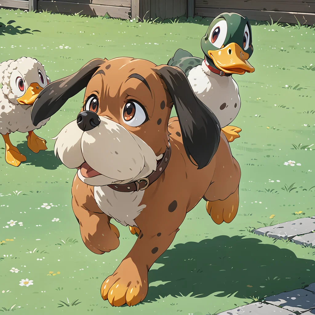 dog chasing sheep, duckhuntxl, duck, mallard duck, feathers, spotted dog, <lora:DuckHuntXL:.6>, (anime, masterpiece, intricate:1.3), (best quality, hires textures, high detail:1.2), (4k),(incredibly detailed:1.4),UHD, 8K, ultra detailed