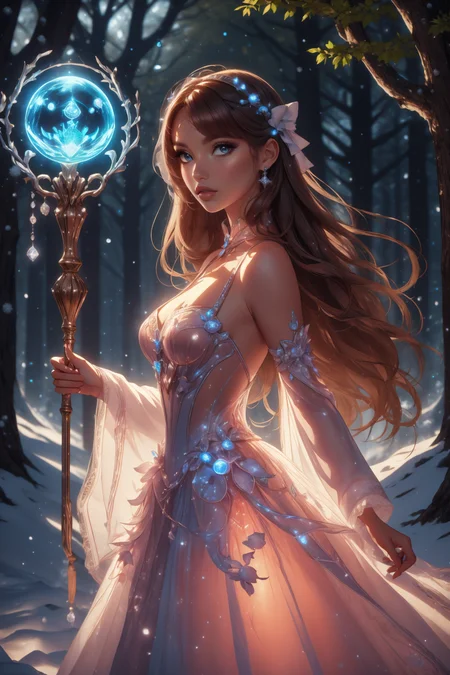realistic, best quality, (masterpiece:1.2), absurdres, (1girl, solo), fashion photography of bratz, <lora:bratz3-01:0.6>, lips, large breasts, beautiful, makeup, mascara, lip gloss, hair ribbons, half body portrait, extremely luminous bright design, autumn lights, looking at viewer, (wearing a white bioluminescent ballgown), <lora:edgBallgown_MINI:1>, white bioluminescent dress, <lora:bioluminescent_dress-1.0:0.7>, wielding a white orbstaff, casting ice magic, <lora:1.5_Weapon_Orbstaff_-_By_HailoKnight:0.8>, glow, (bloom), beautiful girl modeling, (snowy winter background:1.3)