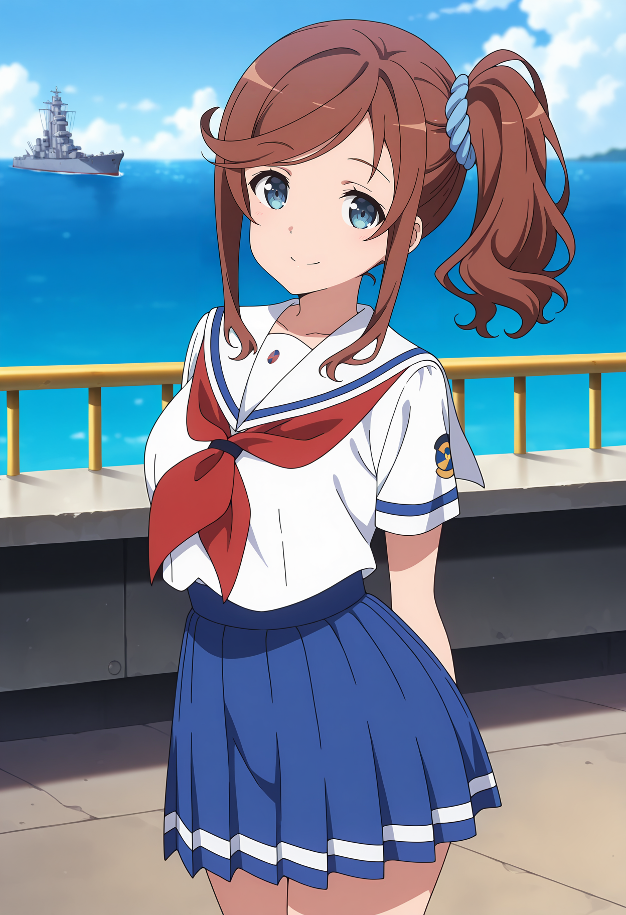 anime screencap, masterpiece, best quality,
<lora:HighSchoolFleet_IseSakura_IlluXL:0.9>,
1girl, solo, closed mouth, smile,
side ponytail, swept bangs, brown hair, blue eyes, hair scrunchie, blue scrunchie,
white sailor collar, white shirt, red neckerchief, short sleeves, pleated skirt, blue skirt,
standing, looking at viewer, cowboy shot,
horizon, dock, outdoors, battleship, warship, blue sky, blurry background