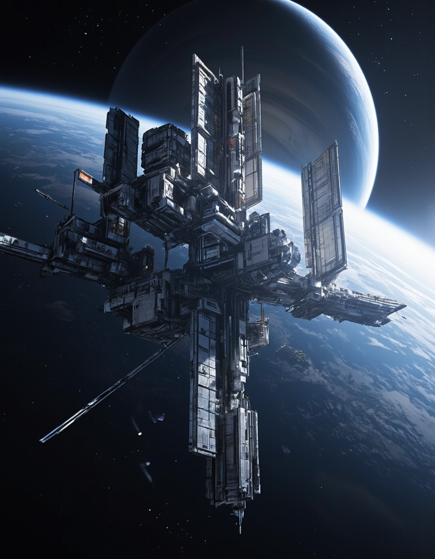<lora:SWL_Stations1v2flux:1> loststsp, space station, in space, saturn