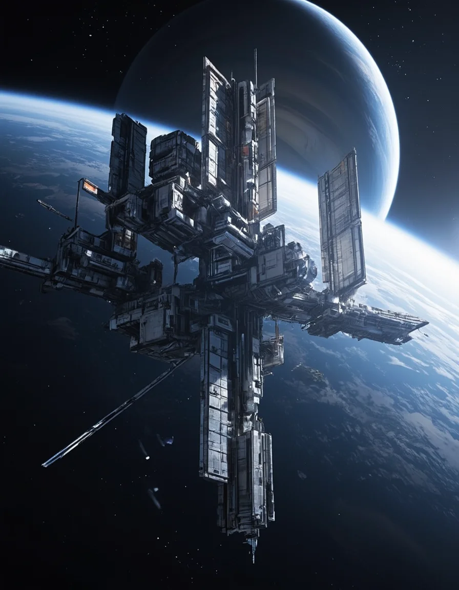 <lora:SWL_Stations1v2flux:1> loststsp, space station, in space, saturn