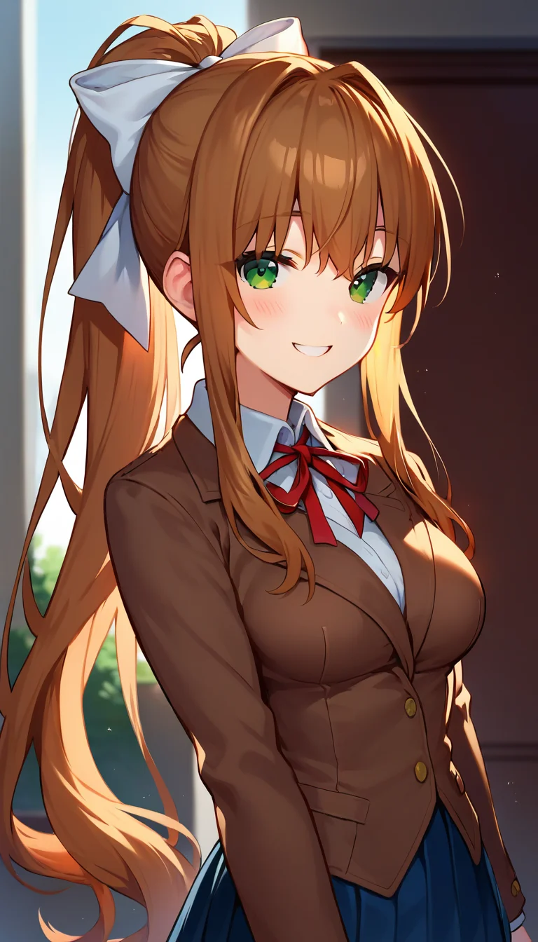score_9,score_8_up,score_7_up,score_6_up BREAK official art,solo,outdoors,upper body,(portrait:1.5),looking at viewer,facing viewer,smile,blush,Monika,very long hair,brown hair,ponytail,hair bow,white bow,hair ribbon,white ribbon,sidelocks,bangs,green eyes,school uniform,brown jacket,blazer,wing collar,neck ribbon,red ribbon,white shirt,long sleeves,medium breasts,blue skirt,pleated skirt,zettai ryouiki,black thighhighs,uwabaki,white footwear,<lora:Monika(ddlc)-Pony:1.6>,