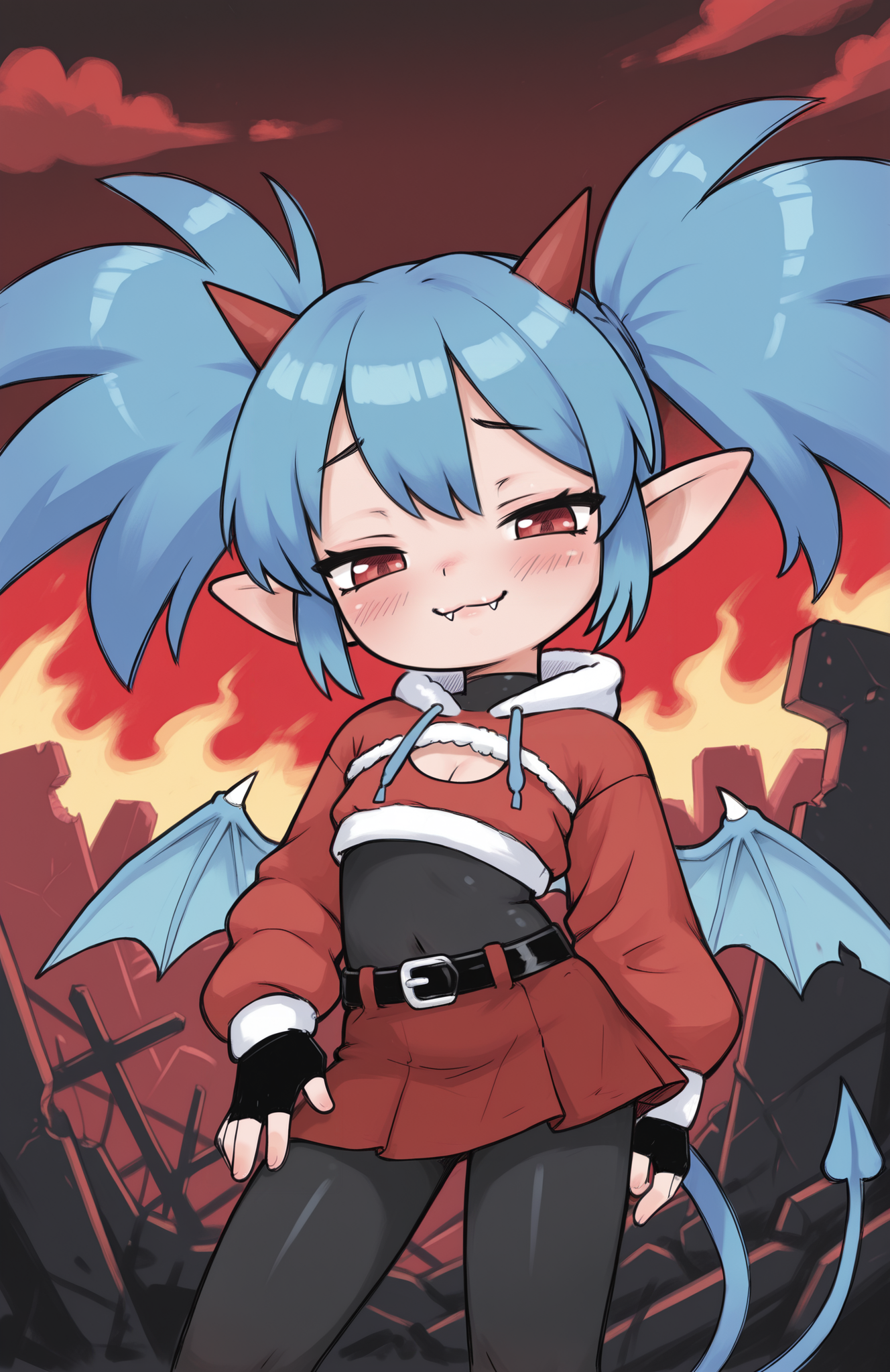 1girl, solo, ruins, hell, cloud, red sky, dark sky, fiery sky, fire, cowboy shot, traditional media, hatching \(texture\), 
<lora:Nullantwins:0.8> zhuu, red eyes, blue hair, red horns, demon tail, blue tail, demon wings, blue wings, twintails, big hair, pointy ears,
red hoodie, cropped hoodie, long sleeves, black bodysuit, fur-trimmed hoodie, blue fur, black gloves, fingerless gloves, cleavage cutout, red skirt, midriff, black belt, belt buckle, blue drawstring,
contrapposto, light smile, blush, looking at viewer, smug, :3, fangs out,
 <lora:qtkat-20:1> qtkat, extremely detailed, highres, masterpiece, best quality