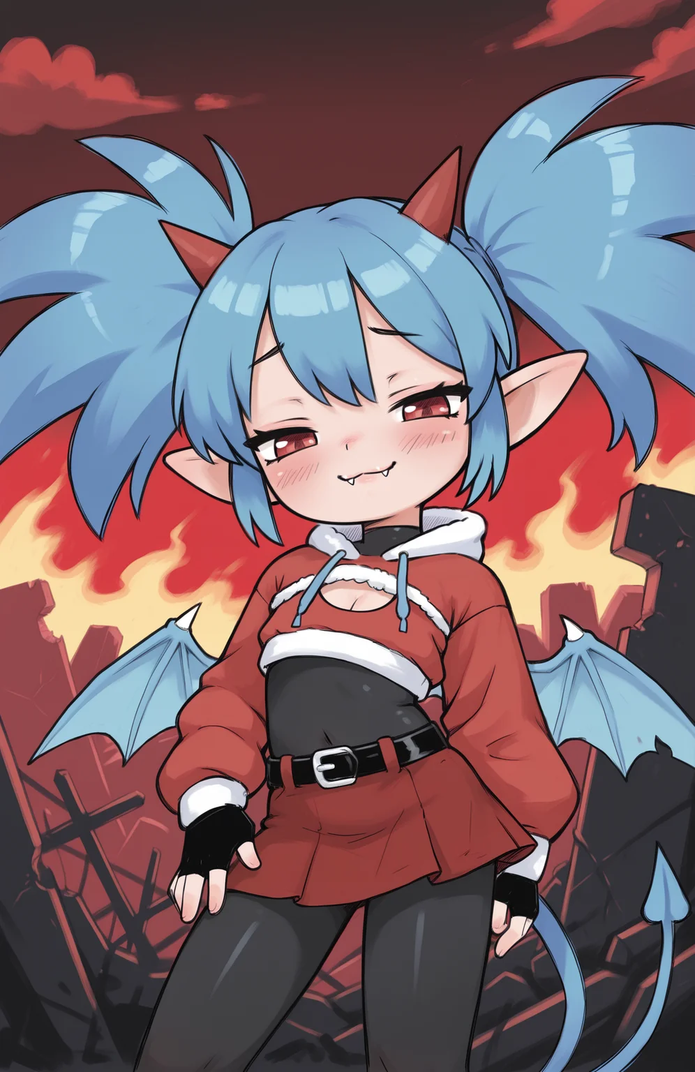 1girl, solo, ruins, hell, cloud, red sky, dark sky, fiery sky, fire, cowboy shot, traditional media, hatching \(texture\),
<lora:Nullantwins:0.8> zhuu, red eyes, blue hair, red horns, demon tail, blue tail, demon wings, blue wings, twintails, big hair, pointy ears,
red hoodie, cropped hoodie, long sleeves, black bodysuit, fur-trimmed hoodie, blue fur, black gloves, fingerless gloves, cleavage cutout, red skirt, midriff, black belt, belt buckle, blue drawstring,
contrapposto, light smile, blush, looking at viewer, smug, :3, fangs out,
<lora:qtkat-20:1> qtkat, extremely detailed, highres, masterpiece, best quality