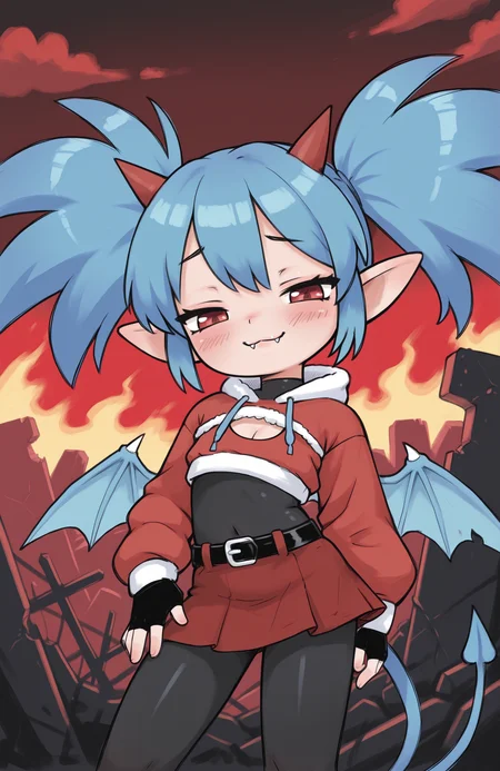 1girl, solo, ruins, hell, cloud, red sky, dark sky, fiery sky, fire, cowboy shot, traditional media, hatching \(texture\),
<lora:Nullantwins:0.8> zhuu, red eyes, blue hair, red horns, demon tail, blue tail, demon wings, blue wings, twintails, big hair, pointy ears,
red hoodie, cropped hoodie, long sleeves, black bodysuit, fur-trimmed hoodie, blue fur, black gloves, fingerless gloves, cleavage cutout, red skirt, midriff, black belt, belt buckle, blue drawstring,
contrapposto, light smile, blush, looking at viewer, smug, :3, fangs out,
<lora:qtkat-20:1> qtkat, extremely detailed, highres, masterpiece, best quality