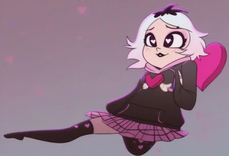 emberlynn, white hair, multicolored hair, black eyes, black lips, freckles, pink eyeshadow, shortstack, petite, black hoodie, pink hood, hood down, pink skirt, pleated skirt, plaid skirt, miniskirt, over-kneehighs, black socks, animal ear legwear, cat ear legwear, no shoes, heart floating, heart-shaped pupils, aroused, heart eyes, cupid arrow, Valentine's day themed