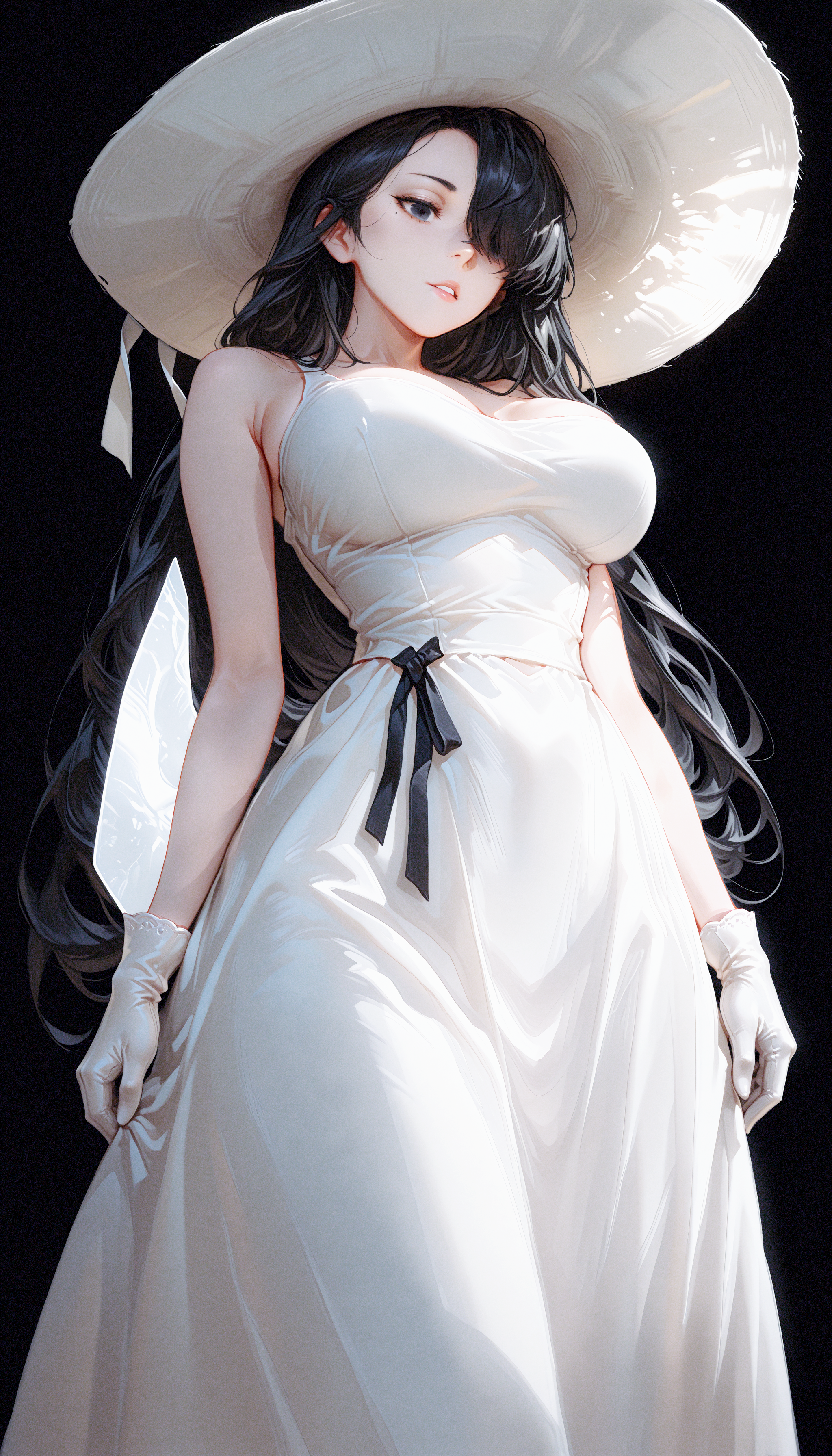 masterpiece, best quality, good quality, newest, highres, absurdres, 1girl, solo, long hair, breasts, looking at viewer, simple background, large breasts, black hair, gloves, dress, hat, bare shoulders, very long hair, parted lips, sleeveless, white gloves, white dress, mole, hair over one eye, black eyes, mole under eye, sleeveless dress, white headwear, looking down, from below, black background, mole under mouth, sun hat, sundress, tall female, Z3D, Rovina_Cai, <lora:illustriousXL_stabilizer_v1.23:0.3> <lora:NOOB_vp1_detailer_by_volnovik_v1:0.3> <lora:ponyv6_noobE11_2_adamW-000017:0.3> <lora:Rovina_Cai_-_MtG_Style_-_Zeds_Styles:0.6> <lora:solaXL_NBVP1_lokr_V6311P:0.7>