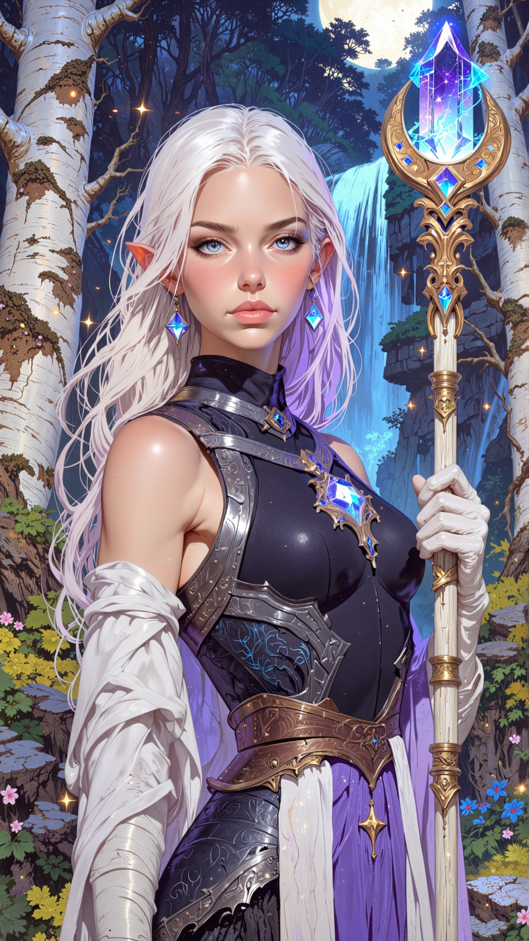 The image depicts a close-up of a stunningly beautiful female character, her upper body and face dominating the frame with an aura of mystique and power. She is a half-elf, her lineage evident in her delicate yet sharp features, blending human warmth with elven elegance. Her skin is a flawless, sun-kissed ivory, with a faint, otherworldly glow that hints at her magical nature. Her eyes are large and almond-shaped, a mesmerizing shade of violet with flecks of silver that seem to shimmer like starlight, drawing the viewer into their depths. Her eyebrows are finely arched, giving her an expression of both wisdom and mischief. Her nose is slender and slightly upturned, and her lips are full, painted a deep crimson, with a subtle smirk that suggests confidence and a hint of danger.
Her hair is a cascade of silken, platinum-blonde strands, streaked with faint hues of lavender and gold, as if kissed by the dawn. It falls in loose waves down to her mid-back, with a few braids intricately woven with tiny, glowing crystals and silver threads that catch the light. A delicate circlet rests upon her brow, crafted from mithril and adorned with a single, radiant sapphire that pulses faintly with arcane energy. Her ears are elegantly pointed, peeking through her hair, and are adorned with small, intricate earrings shaped like crescent moons.
Her body is lithe yet curvaceous, with a toned and athletic build that speaks of years of training and adventure. She stands at an imposing height of 5'10", her posture regal and commanding. Her chest is modest yet shapely, accentuated by the form-fitting armor she wears. The armor is a masterwork of craftsmanship, blending practicality with beauty. The chestplate is made of dark, enchanted steel, embossed with swirling elven runes that glow faintly with blue energy. It leaves her shoulders bare, revealing smooth, unblemished skin, and is cinched at the waist with a belt of braided silver and leather. Beneath the chestplate, she wears a tight, midnight-blue bodysuit made of a magical fabric that shimmers like the night sky, with tiny star-like patterns that seem to shift and twinkle as she moves.
Her arms are clad in segmented vambraces of the same dark steel, etched with intricate floral motifs, and her hands are adorned with fingerless gloves made of supple leather. Around her neck, she wears a pendant shaped like a crescent moon, encrusted with tiny diamonds that catch the light. Her shoulders are draped with a flowing cape of deep purple, lined with silver thread, which billows dramatically behind her as if caught in an unseen wind.
In her right hand, she wields a slender, ornate staff made of polished white wood, topped with a large, multifaceted crystal that glows with a soft, ethereal light. The staff is adorned with carvings of vines and leaves, and small, glowing runes spiral down its length. Her left hand is raised, fingers slightly curled, as if she is summoning or controlling a spell, and faint tendrils of blue and purple energy swirl around her fingertips, casting a soft glow on her face.
The scene around her is a breathtaking fantasy landscape, a mystical forest bathed in the light of a full moon. Towering, ancient trees with silver bark and glowing leaves surround her, their branches intertwining to form a natural cathedral. The ground is carpeted with soft, luminescent moss, and delicate flowers that emit a faint, bluish glow. In the background, a shimmering waterfall cascades into a crystal-clear pool, its waters reflecting the moonlight and the faint aurora that dances across the night sky. Wisps of mist curl around her feet, adding to the ethereal atmosphere, and fireflies flit through the air, their tiny lights adding to the magical ambiance.
The character exudes a sense of power, grace, and mystery, her presence both alluring and intimidating. The combination of her striking features, intricate armor, and the enchanting setting creates a visually stunning and dynamic piece of fantasy art, one that draws the viewer in and leaves them captivated by her story.
soft pastel anime, Magic style, mythp0rt, DB4RZ