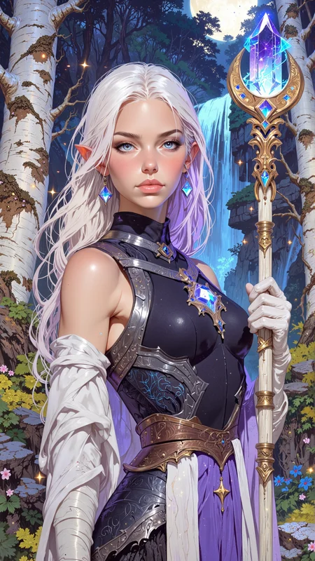 The image depicts a close-up of a stunningly beautiful female character, her upper body and face dominating the frame with an aura of mystique and power. She is a half-elf, her lineage evident in her delicate yet sharp features, blending human warmth with elven elegance. Her skin is a flawless, sun-kissed ivory, with a faint, otherworldly glow that hints at her magical nature. Her eyes are large and almond-shaped, a mesmerizing shade of violet with flecks of silver that seem to shimmer like starlight, drawing the viewer into their depths. Her eyebrows are finely arched, giving her an expression of both wisdom and mischief. Her nose is slender and slightly upturned, and her lips are full, painted a deep crimson, with a subtle smirk that suggests confidence and a hint of danger.
Her hair is a cascade of silken, platinum-blonde strands, streaked with faint hues of lavender and gold, as if kissed by the dawn. It falls in loose waves down to her mid-back, with a few braids intricately woven with tiny, glowing crystals and silver threads that catch the light. A delicate circlet rests upon her brow, crafted from mithril and adorned with a single, radiant sapphire that pulses faintly with arcane energy. Her ears are elegantly pointed, peeking through her hair, and are adorned with small, intricate earrings shaped like crescent moons.
Her body is lithe yet curvaceous, with a toned and athletic build that speaks of years of training and adventure. She stands at an imposing height of 5'10", her posture regal and commanding. Her chest is modest yet shapely, accentuated by the form-fitting armor she wears. The armor is a masterwork of craftsmanship, blending practicality with beauty. The chestplate is made of dark, enchanted steel, embossed with swirling elven runes that glow faintly with blue energy. It leaves her shoulders bare, revealing smooth, unblemished skin, and is cinched at the waist with a belt of braided silver and leather. Beneath the chestplate, she wears a tight, midnight-blue bodysuit made of a magical fabric that shimmers like the night sky, with tiny star-like patterns that seem to shift and twinkle as she moves.
Her arms are clad in segmented vambraces of the same dark steel, etched with intricate floral motifs, and her hands are adorned with fingerless gloves made of supple leather. Around her neck, she wears a pendant shaped like a crescent moon, encrusted with tiny diamonds that catch the light. Her shoulders are draped with a flowing cape of deep purple, lined with silver thread, which billows dramatically behind her as if caught in an unseen wind.
In her right hand, she wields a slender, ornate staff made of polished white wood, topped with a large, multifaceted crystal that glows with a soft, ethereal light. The staff is adorned with carvings of vines and leaves, and small, glowing runes spiral down its length. Her left hand is raised, fingers slightly curled, as if she is summoning or controlling a spell, and faint tendrils of blue and purple energy swirl around her fingertips, casting a soft glow on her face.
The scene around her is a breathtaking fantasy landscape, a mystical forest bathed in the light of a full moon. Towering, ancient trees with silver bark and glowing leaves surround her, their branches intertwining to form a natural cathedral. The ground is carpeted with soft, luminescent moss, and delicate flowers that emit a faint, bluish glow. In the background, a shimmering waterfall cascades into a crystal-clear pool, its waters reflecting the moonlight and the faint aurora that dances across the night sky. Wisps of mist curl around her feet, adding to the ethereal atmosphere, and fireflies flit through the air, their tiny lights adding to the magical ambiance.
The character exudes a sense of power, grace, and mystery, her presence both alluring and intimidating. The combination of her striking features, intricate armor, and the enchanting setting creates a visually stunning and dynamic piece of fantasy art, one that draws the viewer in and leaves them captivated by her story.
soft pastel anime, Magic style, mythp0rt, DB4RZ
