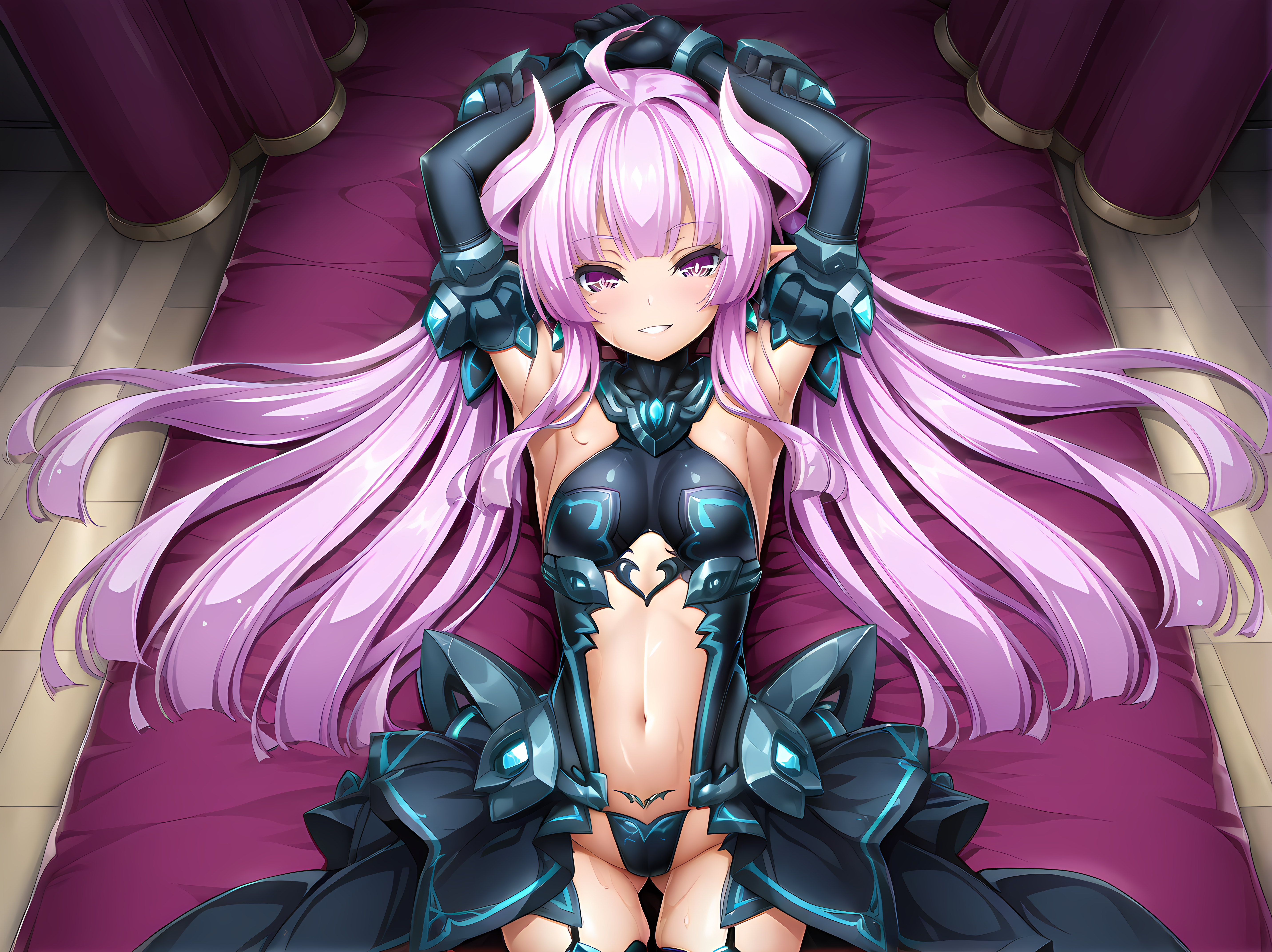 <lora:Yuri_Amakubo_-_Exstia_Illustrious:1>,lusterise,lust flora,purple eyes,very long hair,cowboy shot,smile,breasts,indoors,small breasts,breasts,small breasts,grin,navel,thighhighs,elbow gloves,1girl,lying,jewelry,earrings,on back, arms up,, masterpiece,best quality,amazing quality,