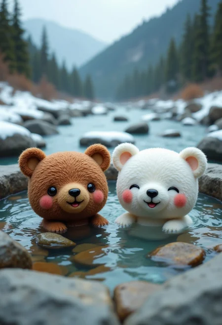 (bird's eye view), Lots of little cute bear dolls, brown bear, white bear, soaking in a big river, river deep in the mountains, hot spring surrounded by rocks, winter, snow falling, outdoor bath, neck-deep in hot water, eyes closed, smiling, smiling, mouth open, relaxed, childlike atmosphere, clay model-like image, mountain top, hot water, red cheeks, lots of steam from river, wide angle, bird's eye view like image, mountain top, steam, red cheeks, lots of steam from the river, wide angle, 
Translated with DeepL.com (free version)
aidmafluxpro1.1
