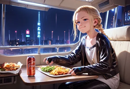 rV interior, recreational vehicle interior, anime coloring, score_9, score_8_up, score_7_up, score_6_up, 1girl Vaylin, solo, solo focus, blonde, braid, blue eyes, indoors, table, feast, dinner, single braid, white tunic, gold trim, black pants, zettai ryouiki, sleeves past fingers, solo, lips, night, denim, can, leather, bioluminescent, leather jacket, cyberpunk, city, vending machine, neon lights, general, smug,
