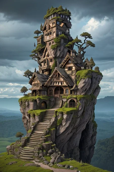 goblin's face, made of ancient weathered rock, tall grass, moss, trees, roots, half-timbered houses and stone staircases on the rock, winding upwards, against the sky with clouds, hyperealistic, surrealism, complex concept art, atmospheric, cinematic, very attractive and fabulous