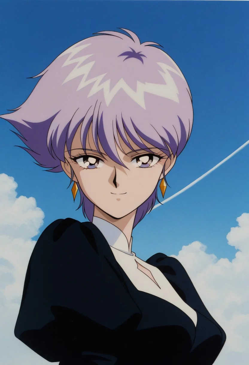masterpiece, best quality, source_anime,official art,perfect_anatomy,1990s_\(style\),retro_artstyle,seira hazuki,1girl,purple hair,short hair,earrings,black dress,juliet sleeves,puffy sleeves,long sleeves,(beautiful detailed face,looking_at_viewer,smile),portrait,close to viewer,day,blue_sky,cloud,