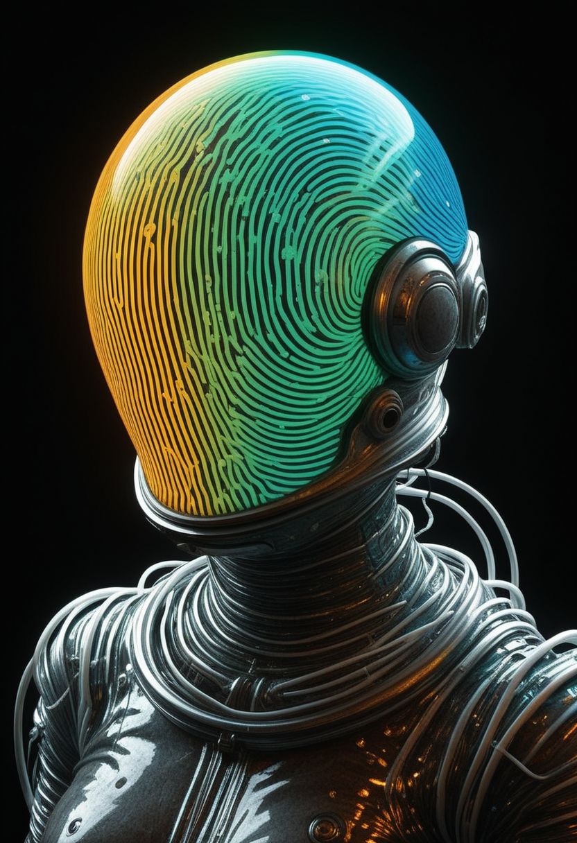 Subsurface scattering, Grignani, A super cute zhibi laughing striped beautiful busty female Made of lines wired-cyborg Astronaut with a helmet full of translucent colorful dark-neon fire jelly and bubbles and a brain, Cotton Summer Dress deep cute eye holes, Smiling Expression , with lots of wires and hoses and technical parts, in dance pose, at the beach, palms, monochrome with translucent neon/yellow sss hoses and wires highlights, with translucent RGB dark-neon and white details, with vibrant colors, deep blacks, (vacations, high resolution:1.3),  closeup