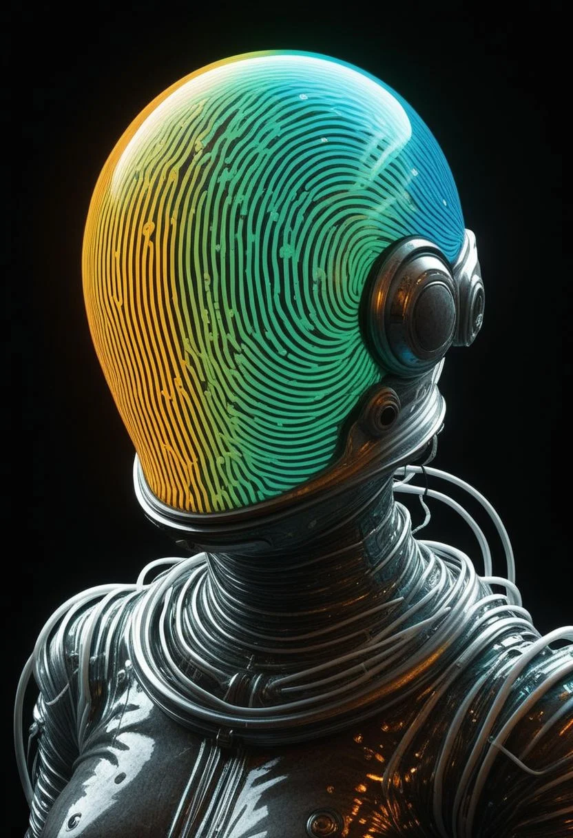 Subsurface scattering, Grignani, A super cute zhibi laughing striped beautiful busty female Made of lines wired-cyborg Astronaut with a helmet full of translucent colorful dark-neon fire jelly and bubbles and a brain, Cotton Summer Dress deep cute eye holes, Smiling Expression , with lots of wires and hoses and technical parts, in dance pose, at the beach, palms, monochrome with translucent neon/yellow sss hoses and wires highlights, with translucent RGB dark-neon and white details, with vibrant colors, deep blacks, (vacations, high resolution:1.3), closeup