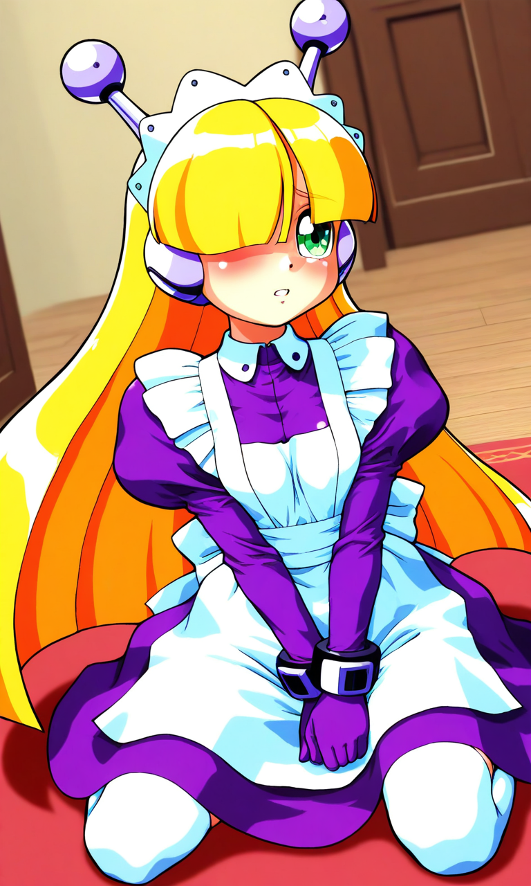 general,highres, ultra-detailed,very aesthetic,best quality ,best hands, BREAK <lora:Tesse_Lombrozo_WakuWaku7_Ver2.1_IS:1>
Tesse_Lombrozo, 1girl, solo, very long hair, blonde hair, bangs, robot ears, maid headdress, small breasts, 
green eye, hair over one eye, 
maid, purple dress, long sleeves, puffy sleeves, white apron, maid apron, juliet sleeves, white thighhighs, purple gloves,  
sitting, v arms, parted lips, embarrassed,seiza,
room, flooring,