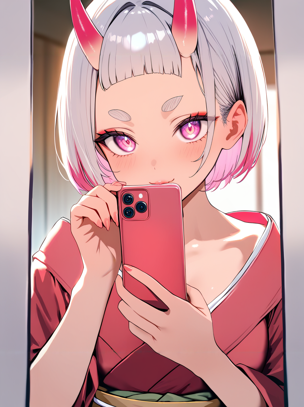 masterpiece, high score, great score, absurdres,vivid,clear skin,shiny hair,cute girl,cute face,kawaii,beautiful eyes,real skin,lips,
break,(oni girl,bangs,white hair:1.1),(short hair,bob cut,white forehead horns,short horns,pink hair tips,pink eyes:1), kimono,japanese clothes <lora:selfie_XL_V1.0:1> selfie, holding smartphone, reflection, mirror