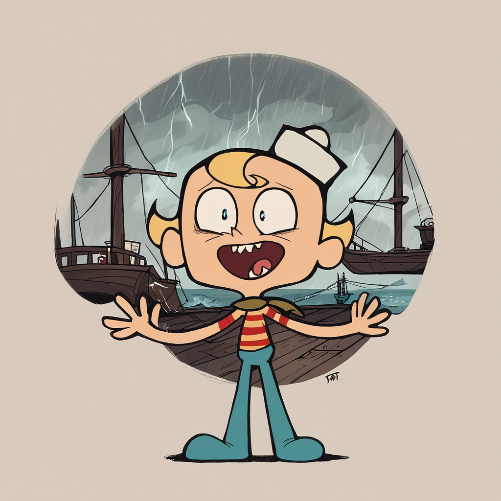 score_9, score_8_up, score_7_up, score_6_up, score_5_up, score_4_up,  toon \(style\),  FLPJCK, full body, storm, ship, 1boy, blonde hair, (striped shirt:1.2), scarf, hat, blue pants, scared <lora:flpjckv2-50:1>