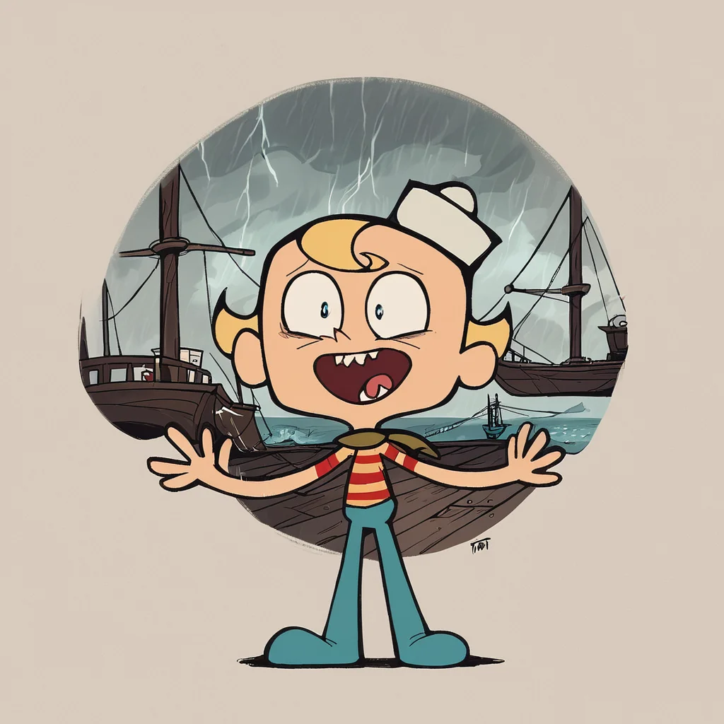 score_9, score_8_up, score_7_up, score_6_up, score_5_up, score_4_up,  toon \(style\),  FLPJCK, full body, storm, ship, 1boy, blonde hair, (striped shirt:1.2), scarf, hat, blue pants, scared <lora:flpjckv2-50:1>