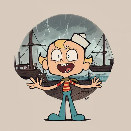 score_9, score_8_up, score_7_up, score_6_up, score_5_up, score_4_up, toon \(style\), FLPJCK, full body, storm, ship, 1boy, blonde hair, (striped shirt:1.2), scarf, hat, blue pants, scared <lora:flpjckv2-50:1>