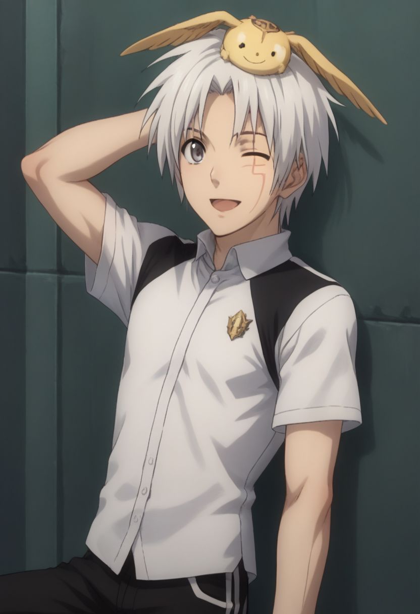 score_9, score_8_up, score_7_up, source_anime, highly detailed, 1boy, solo, male_focus, slender, skinny, cute,
allen_walker, solo, 1boy, scar, male focus, gloves, grey eyes, white hair, side, from side, timcanpy on head,
indoor, shirt, short sleeves, casual, smile, open mouth, wink,