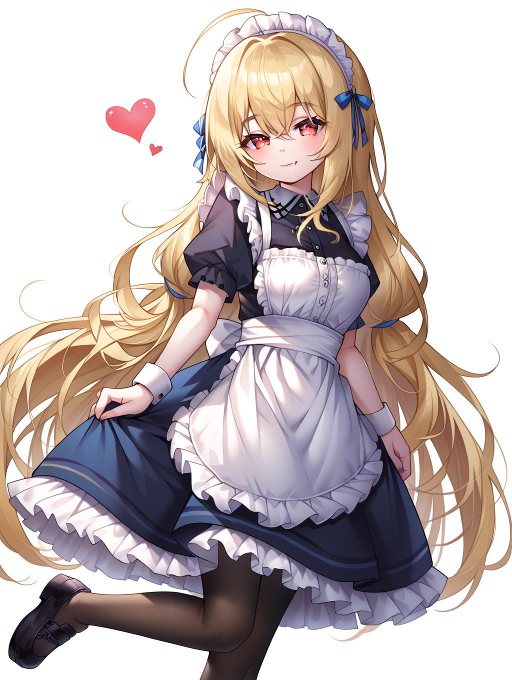 1girl, 
solo, wrist cuffs, apron, white apron, skirt, ahoge, smile, pantyhose, red eyes, black footwear, puffy sleeves, blue skirt, waist apron, shoes, shirt, closed mouth, fang, frilled skirt, maid headdress, long hair, puffy short sleeves, looking at viewer, fang out, blonde hair, very long hair, short sleeves, standing, brown pantyhose, frilled apron, heart, black shirt, frills, maid, transparent background,
score_9, score_8_up, score_7_up, source_anime
 <lora:style024:0.85>