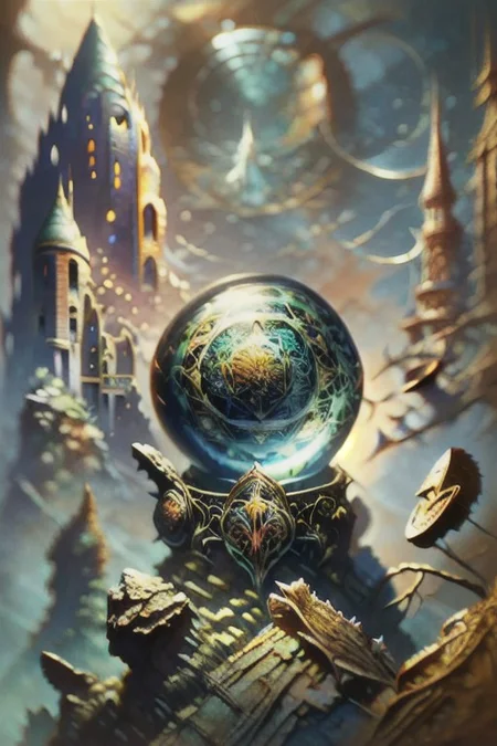 The Wizard’s Crystal Orb of Cellular Division
Concept: A wizard controls an orb that governs cellular division and growth. The orb, glowing with mystical light, symbolizes the biological process of mitosis and meiosis.
Fantasy Trope: A powerful wizard wielding an orb of immense power, connected to the science of cellular division.
Cells dividing reflected in a large crystal ball in the foreground
Background of fantasy ruins of castle and forest mountainscape
Crystal ball, transparent, orb, cell, nanotube, microbe, glowing, electron microscope photo, thin, glasswork, colorful, strange, interesting shape, glass, crystals, filaments, detailed, opaque, transparent, light pass through shell, ice, nuclear, polyp, division, split, cleave, divide, biology, illustration, painting, oil painting, frazetta, easley, gorgeous, highly detailed, high resolution, matte painting, masterpiece, vintage fantasy art, super detail, d&d, fantasy, vintage, 70s, 80s, layered cellular surface