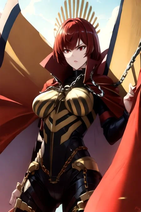 solo_focus, 1girl, (((masterpiece))), ((best quality)), ((ultra-detailed)), high resolution, absurdres, highres, ultra-detailed 8k unity wallpaper, 
oda_biig,large breasts,red eyes,black bodysuit,red hair,chain,collared cape,