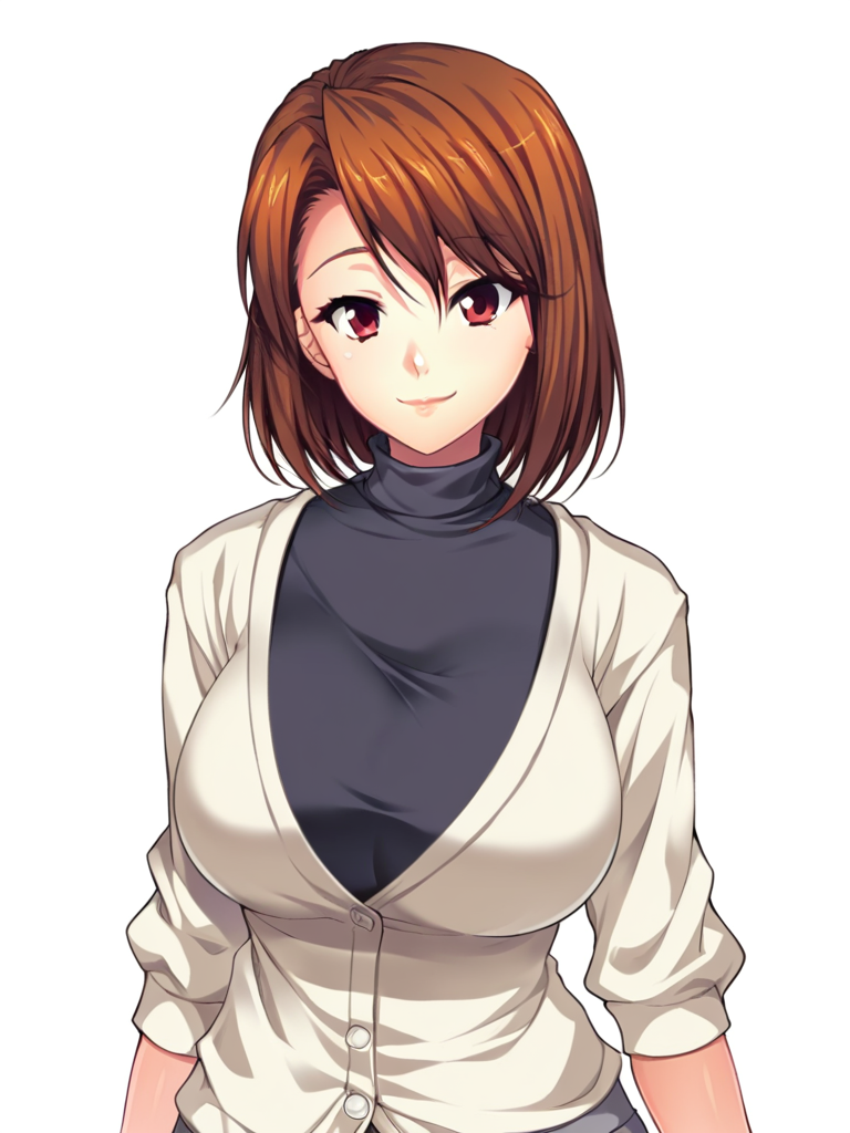 score_9, score_8_up, score_7_up,  
1girl, ichinose natsumi, brown hair, medium hair, red eyes, large breasts,

black t-shirt, turtleneck, cardigan, grey skirt, 
looking at viewer, smile, closed mouth, 

standing, upper body, 
white background, solo,
