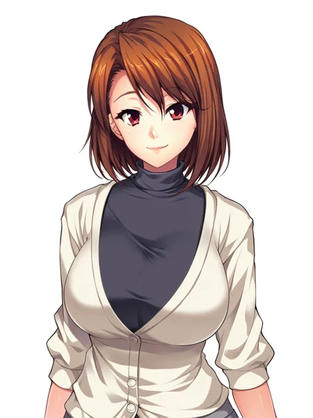 score_9, score_8_up, score_7_up,
1girl, ichinose natsumi, brown hair, medium hair, red eyes, large breasts,
black t-shirt, turtleneck, cardigan, grey skirt,
looking at viewer, smile, closed mouth,
standing, upper body,
white background, solo,
