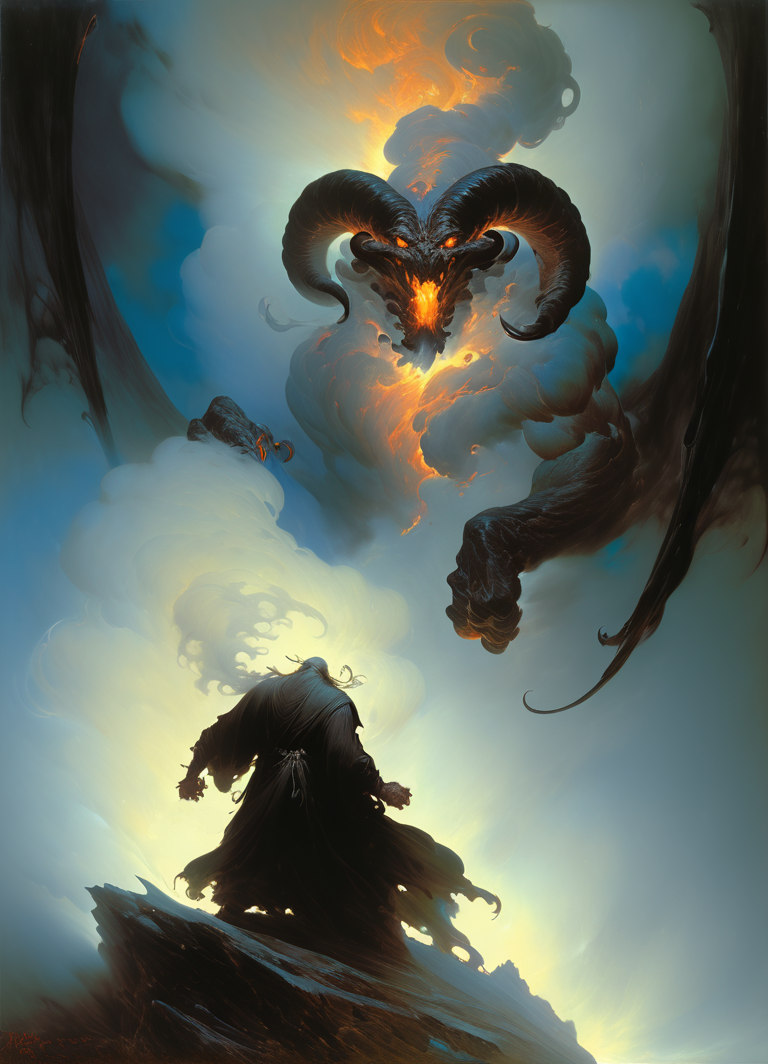 (style of john howe:1.5), oil painting of a balrog, inner fire, tall fire demon shrouded in black smoke, very dark cave, dimly lit, very dark and frightening, deep colors, fumes, painterly, (black smog:1.4), dark backround, masterpiece, absurdres, ultradetailed, The Lord of the Rings style,  <lora:The Lord of the Rings style v2:0.6>