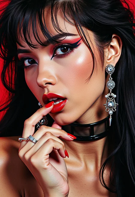 closeup zoomed in portrait of a femme fatale Japanese woman, long hair, earrings, dark eyeshadow, mascara, red lips, choker, seductive, lustful, sultry, nibbling her finger, red fingernails, professional photography, directional lighting