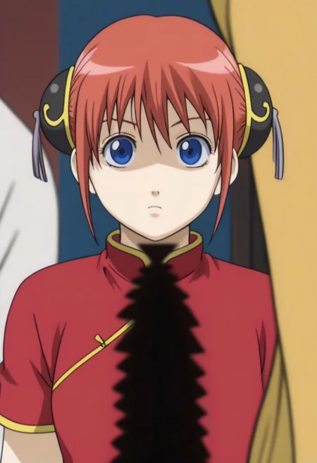 <lora:Kagura:0.8>blue eyes, red hair, Kagura red cheongsam with yellow piping outfit, Chinese clothes, double bun, bun cover, China dress,