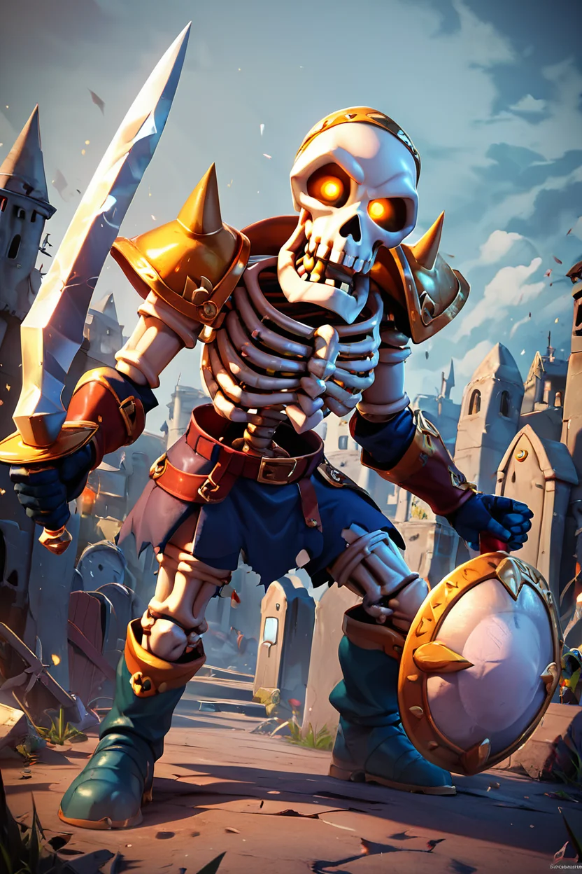 score_9, score_8_up, score_8, BREAK, , zzStalfos, skull, skeleton, armor, armor, 1boy, male focus, bone, glowing eyes, shield, weapon, holding, sword, holding weapon, (graveyard), <lora:StalfosZeldaOOT_PDXL:0.8>, BREAK, looking at viewer, ,,, smile, waving, upper body, leaning forward, head tilt, ,,, embedding:zPDXL, Expressiveh, ,,, <lora:CatalystStylePDXL:0.6>, <lora:SDXLFaeTastic2400:0.5>, <lora:Expressive_H-000001:0.4>,