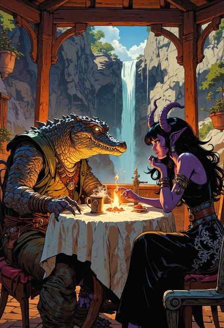An androgynous crocodile-mystic hybrid sits across from the demon girl at an outdoor rotunda overlooking a waterfall, their stout, scaled frame radiating an air of calm amidst the lively atmosphere. Their rough gnarled skin glimmers faintly in the firelight, and their narrow amber eyes glimmer with a mix of curiosity and amusement. Dressed in a dark-green tunic cinched with a leather belt adorned with pouches and charms, the crocodile-mystic leans forward, a clawed hand resting on a steaming mug of spiced tea.
Across from them, the captivating demon girl with deep purple skin lounges gracefully, her piercing green eyes sparkling mischievously. Her long black hair, styled with bangs, frames her elegant face, while her sleek black gown with silver embroidery flows elegantly over the bench. She twirls a strand of hair around a clawed finger as she leans closer, her curved horns casting faint shadows on the table. A playful smirk graces her lips as she slides a polished coin across the table, teasing the owl-mystic about their insistence on paying for the next round, her jeweled dagger glinting faintly at her waist.