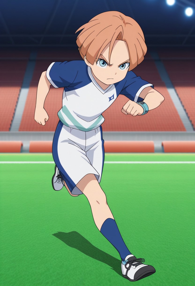 masterpiece,best quality,amazing quality, source_anime,
malikkuabel, 1boy, male focus, solo, blue eyes, orange hair, supaku soccer uniform, shirt, raglan sleeves, short sleeves, multicolored shirt, blue and white shirt, bracelet, shorts, white shorts, socks, blue socks, shoes, sneakers,
 soccer,
outdoor, stadium, grass,
