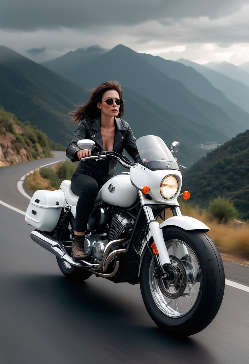 (medium full shot) of a white cruiser motorbike, with mag wheels wheels, leather seat seat, with frame sliders,  ridden by a middle-aged woman in  a high-altitude road with sharp turns, sheer drops, panoramic vistas, ,Masterpiece,best quality, raw photo, realistic, very aesthetic, dark