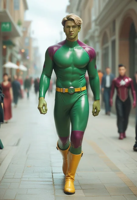score_9, score_8_up, score_7_up, green face, adult male, mature, colored skin, superhero, latex, short blonde hair male, green hands, ((magenta bodysuit)), magenta superhero, yellow belt, yellow boots, walking, depth of field, 32k UHD resolution, best quality, high quality, full body