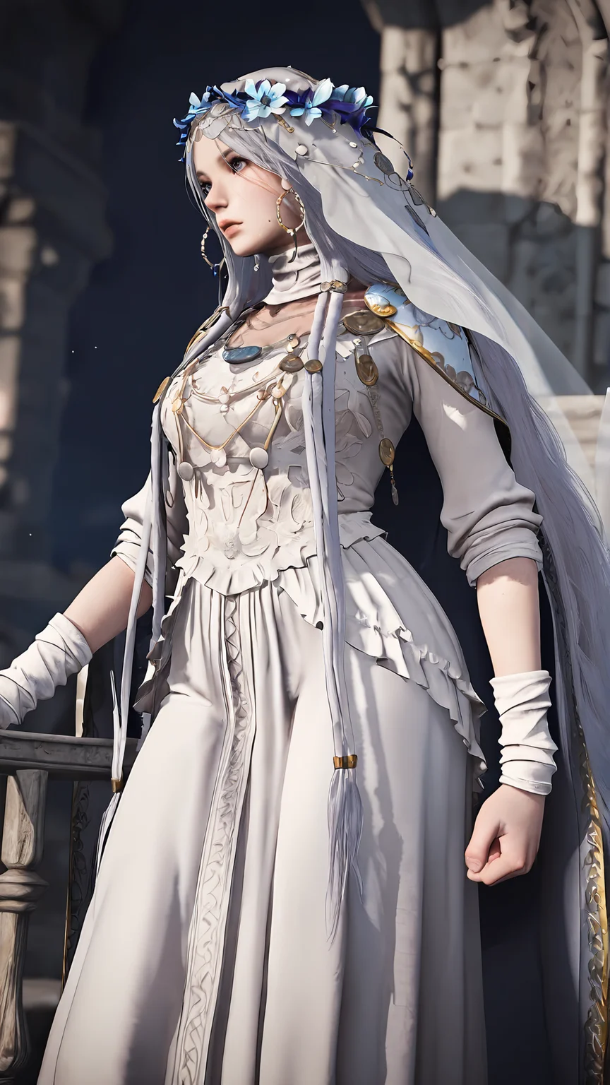 amazing quality,absurdres,best quality,masterpiece,highres,newest,detailed,detailed body,detailed face,masterpiece,best quality,solo,
nightreign-revenant,1girl,veil,solo,dress,long hair,white dress,3d,realistic, <lora:elden ring nightreign å¾©è®è:0.8>,