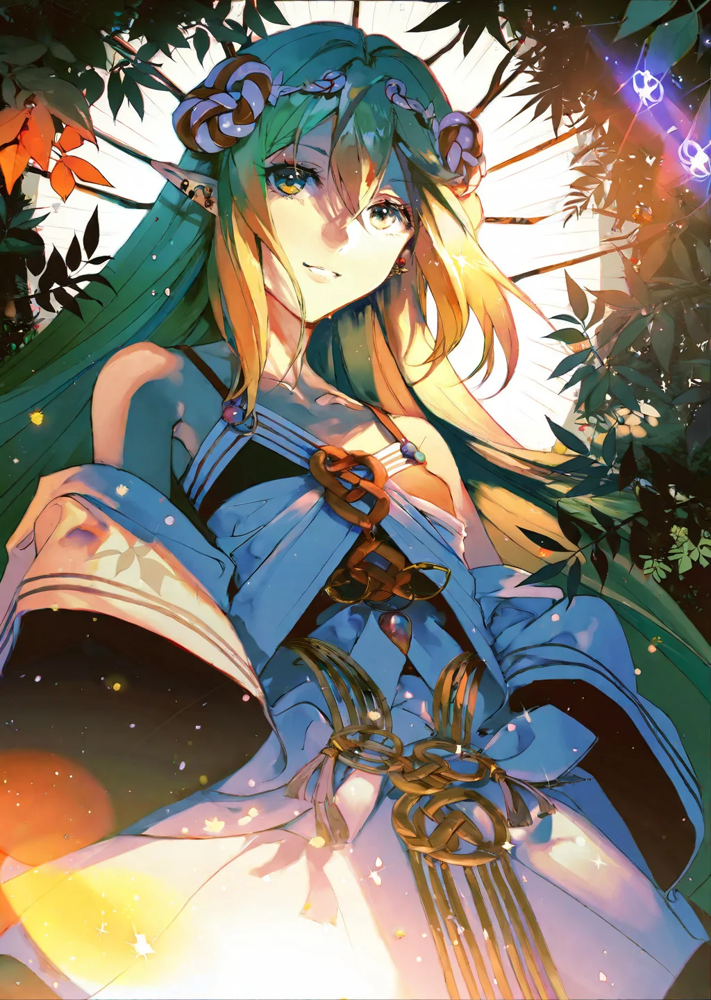 by rella, by yogisya, flat color,
1girl , looking at viewer, hair ornament, off shoulder, bra, underwear, , smile, medium hair
extremely beautiful detailed piercing eyes,
1 female druid healing animals in forest. glowing particles, celtic knot, mythical
masterpiece, best quality, high quality, highres, absurdres, very detailed, high resolution, sharp, sharp image, 8k, vivid, colorful, stunning, anime, aesthetic