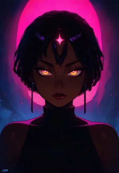 masterpiece, best quality, amazing quality, very aesthetic, absurdres, newest, 1girl, dreadlocks, solo, dark skin, dark-skinned female, short hair, bangs, earrings, jewelry, looking at viewer, very dark skin, bare shoulders, black hair, upper body, glowing, BREAK flowing shadows across the neon-lit fractals.,
The figureas red lips stand out vividly, She tilts her head slightly upward, her expression enigmatic, as the interplay of shadows and neon light creates a mesmerizing depth. <lora:ponyv4_noob1_2_adamW-000017:0.7000000000000001> <lora:748cmSDXL:0.7>