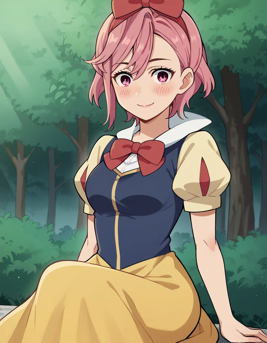 score_9, score_8_up, score_7_up, source_anime, <lora:aira-shiratori-alpha-ponyxl-lora-nochekaiser:1>, aira shiratori, short hair, bangs, hair between eyes, pink hair, pink eyes, medium breasts, <lora:snow-white-cosplay-ponyxl-lora-nochekaiser:1>, snow white cosplay, snow white (disney) (cosplay), cosplay, dress, hair bow, puff and slash sleeves, puffy short sleeves, puffy sleeves, red bow, short sleeves, skirt, yellow skirt, yellow dress,, forest, sitting, smile, blush, apple,, cowboy shot,, , dutch angle, cowboy shot