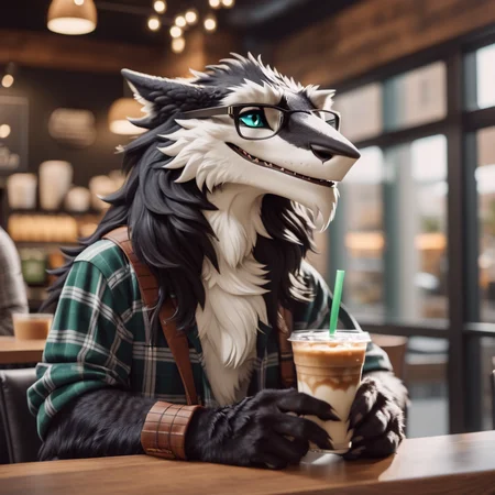 cinematic photo medium shot portrait of a luxuriously fluffy black sergal drinking an iced latte at a starbucks, wearing hipster glasses and plaid<lora:Sergal-XL-1.0-000014:1> . 35mm photograph, film, bokeh, professional, 4k, highly detailed
