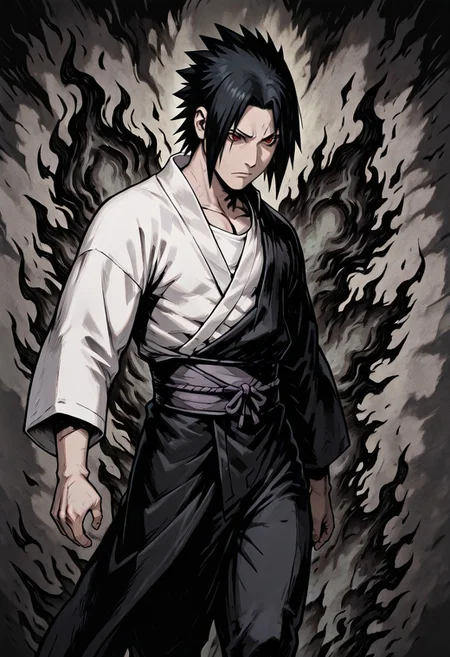 masterpiece, best quality, newest, absurdres, highres, TTCSV1.0, A/BFV1.0, black fire, fire, flame, 1boy, 1boy, uchiha_sasuke, spiked hair, red eyes, black hair, japanese clothes, waist cape, white shirt, solo, solo focus,