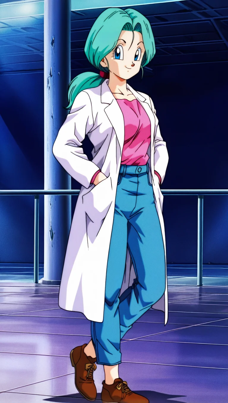 retro artstyle, soft lighting, source_anime, masterpiece, best quality, amazing quality, anime screencap, high quality, 8k, absurdres, official style, 1girl, solo, looking at viewer, standing, smile, <lora:Bulma_Late_Z_iL:0.8> , 8u1m4 Z late, blue eyes, aqua hair, future outfit, ponytail, labcoat, magenta shirt, jeans, denim, hands in pockets, shoes,
