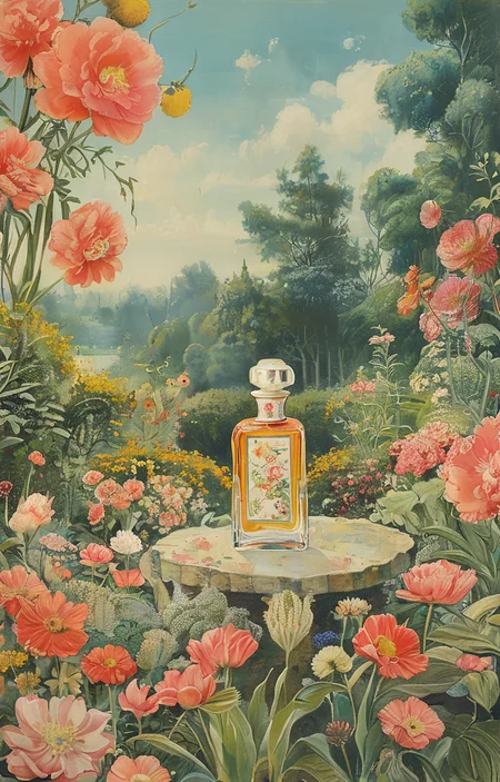 masterpiece,best quality,<lora:tbh293-sdxl:0.9>,illustration,style of Dorothy Draper A bottle of perfume in garden